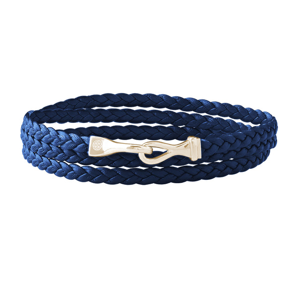 Fish Hook Wrap Flat Leather Bracelet in Solid Silver - Blue Leather & Yellow Gold