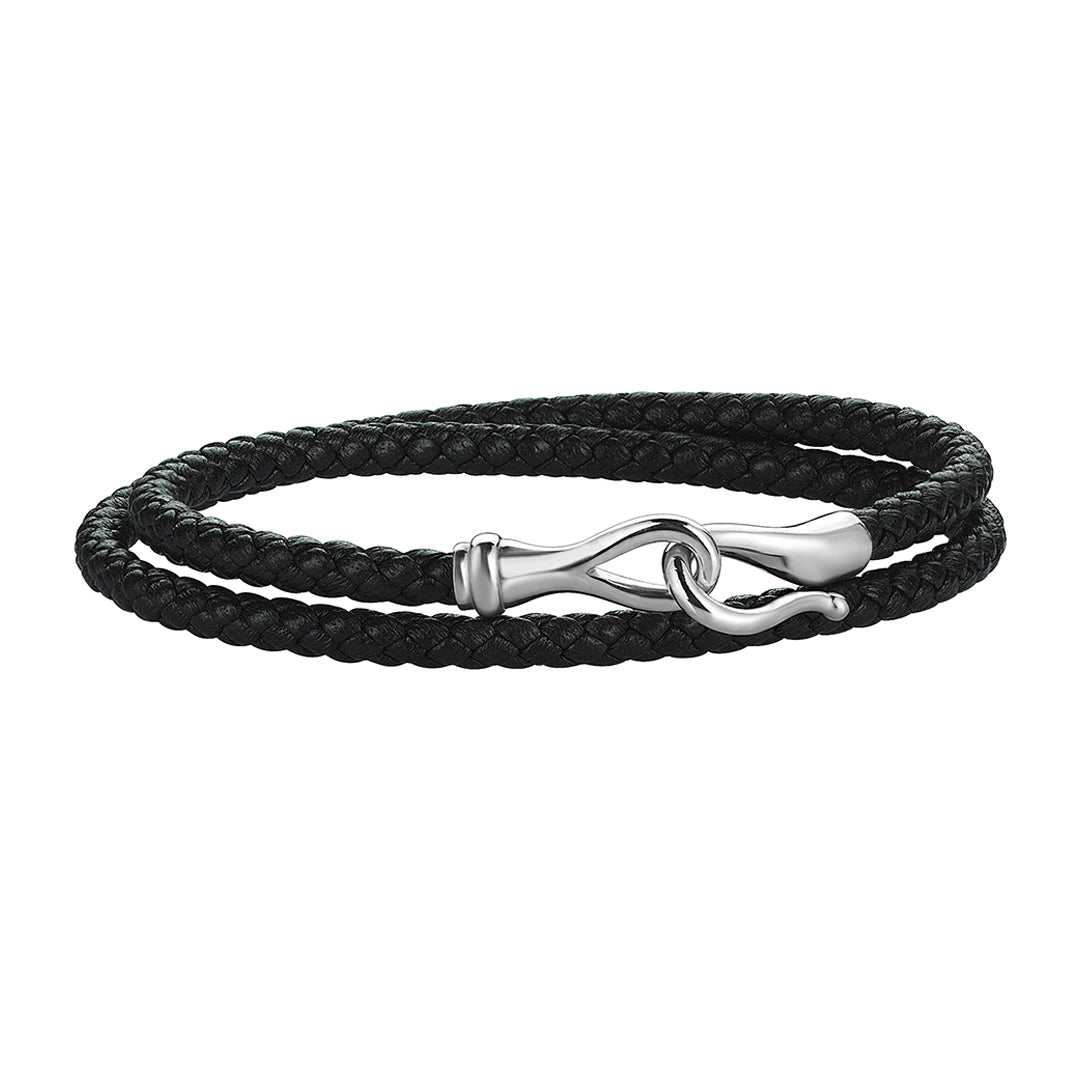 Men's Black Leather Wrap Bracelet with Silver Fish Hook