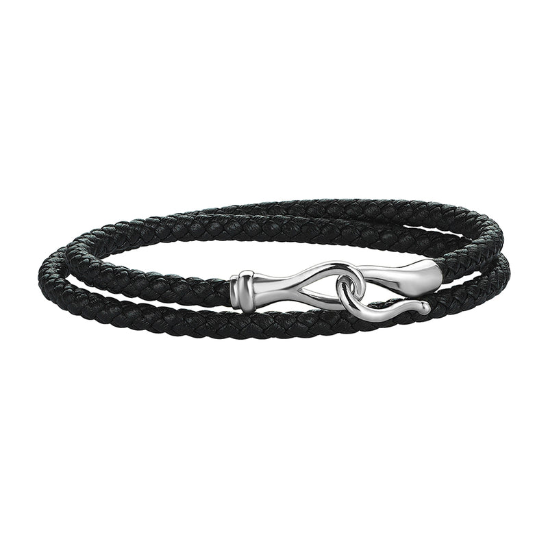Men's Black Leather Wrap Bracelet with Silver Fish Hook