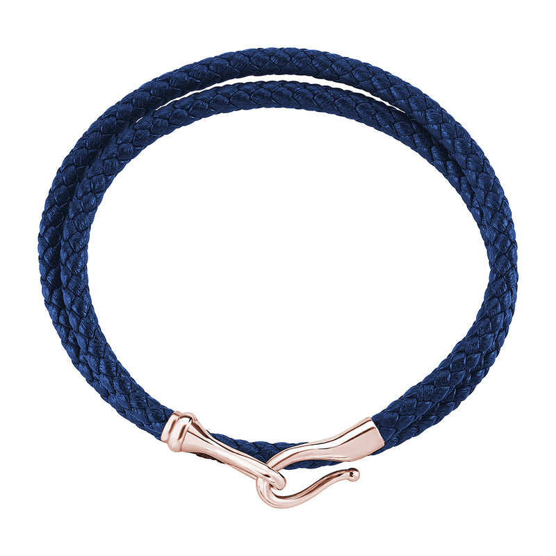 Men's Blue Leather Wrap Bracelet with 18k Rose Gold Fish Hook Clasp
