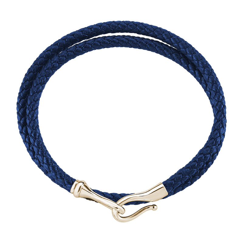 Men's Blue Leather Wrap Bracelet with 18k Yellow Gold Fish Hook Clasp