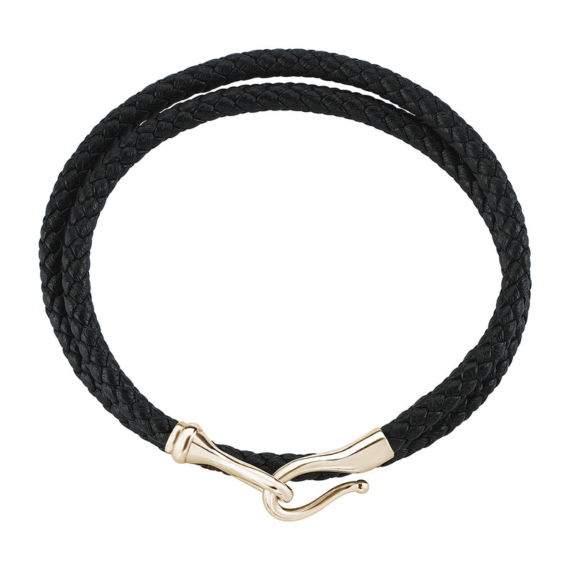 Men's Black Leather Wrap Bracelet with 18k Yellow Gold Fish Hook Clasp