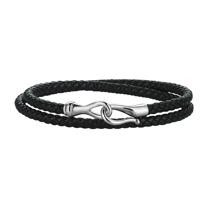 Men's Fish Hook Wrap Leather Bracelet - Black & Silver