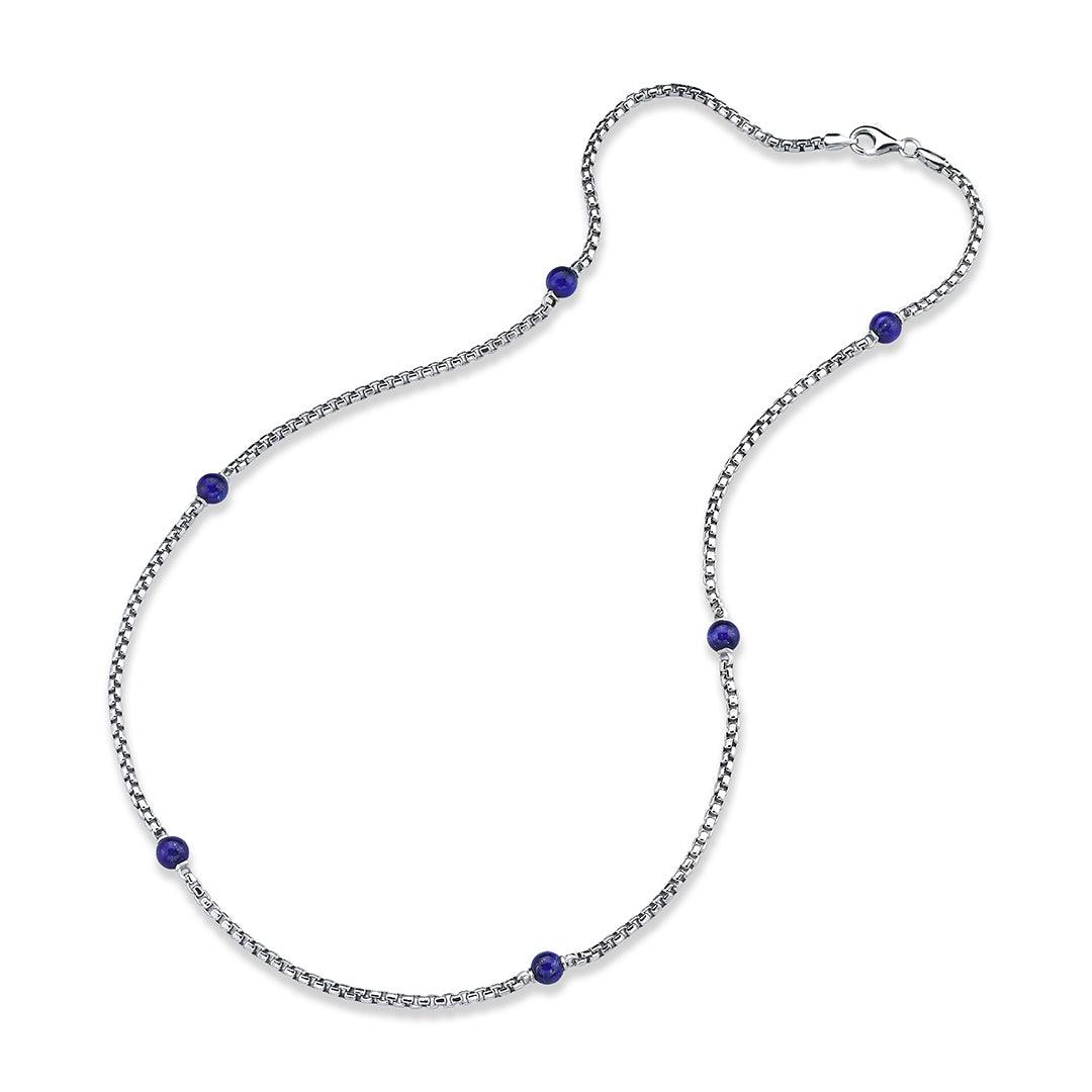 Men's 925 Sterling Silver Round Box Chain Necklace with Natural Lapis Lazuli Beads