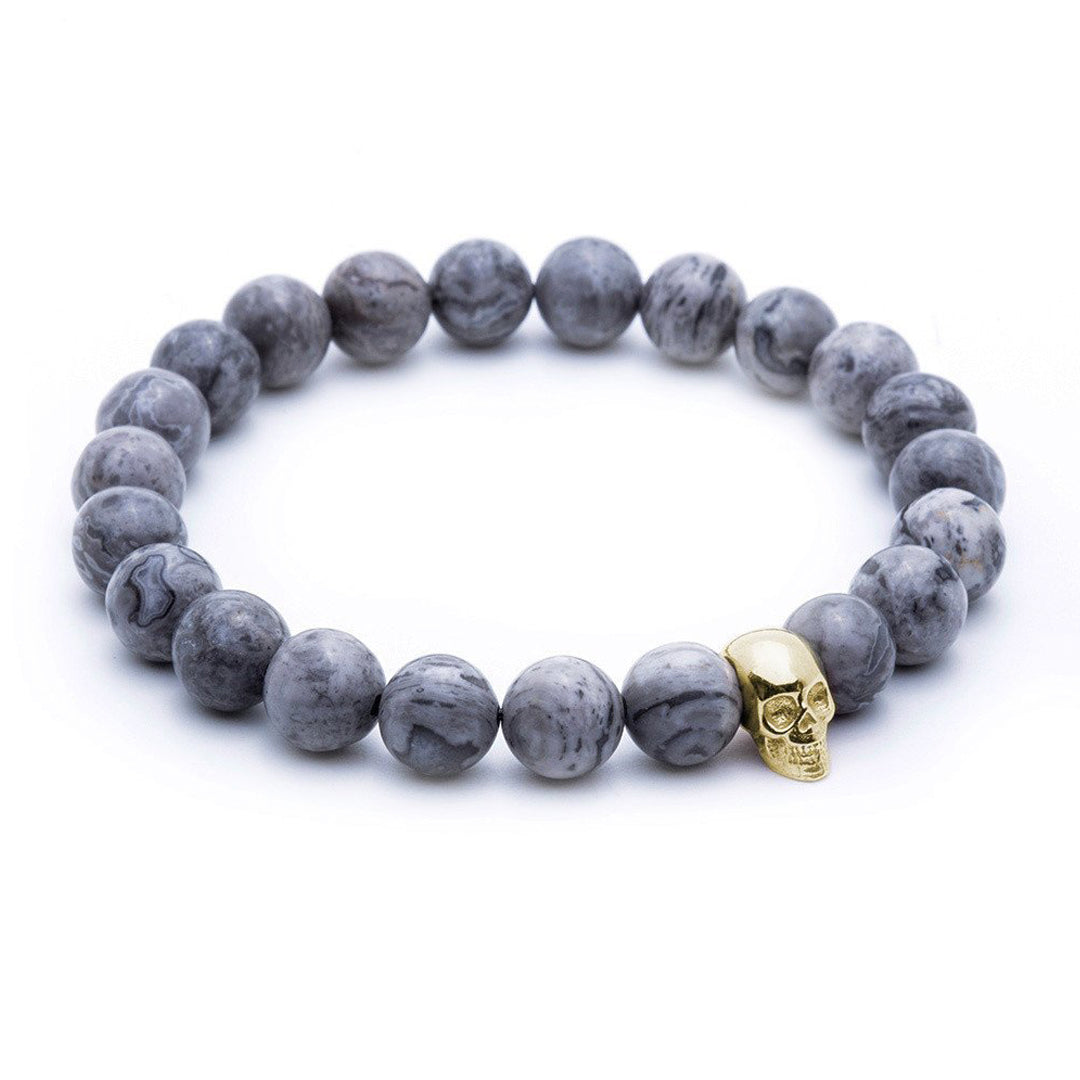 Skull Beaded Bracelet - Yellow Gold - Grey Jasper