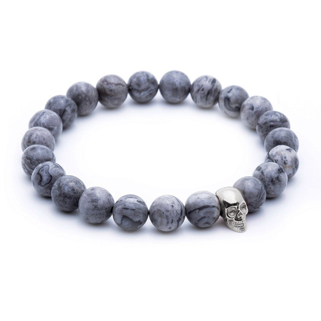 Skull Beaded Bracelet - White Gold - Grey Jasper
