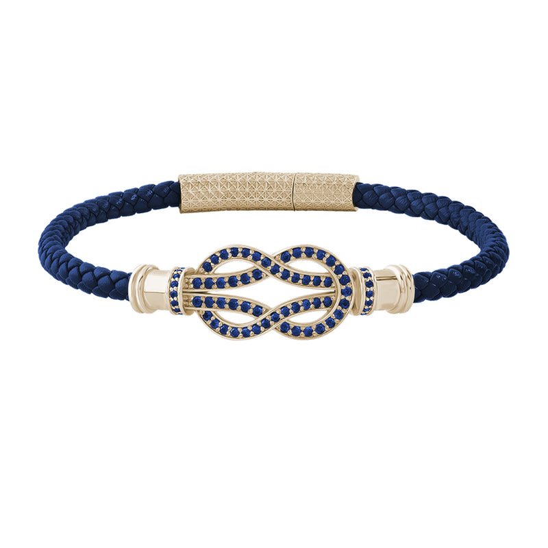 Yellow Gold Silver Infinity Charm Blue Leather Bracelet