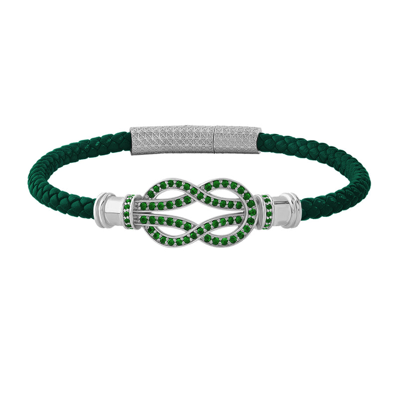 Emerald Pave Solid White Gold Infinity Charm Green Leather Bracelet for Men