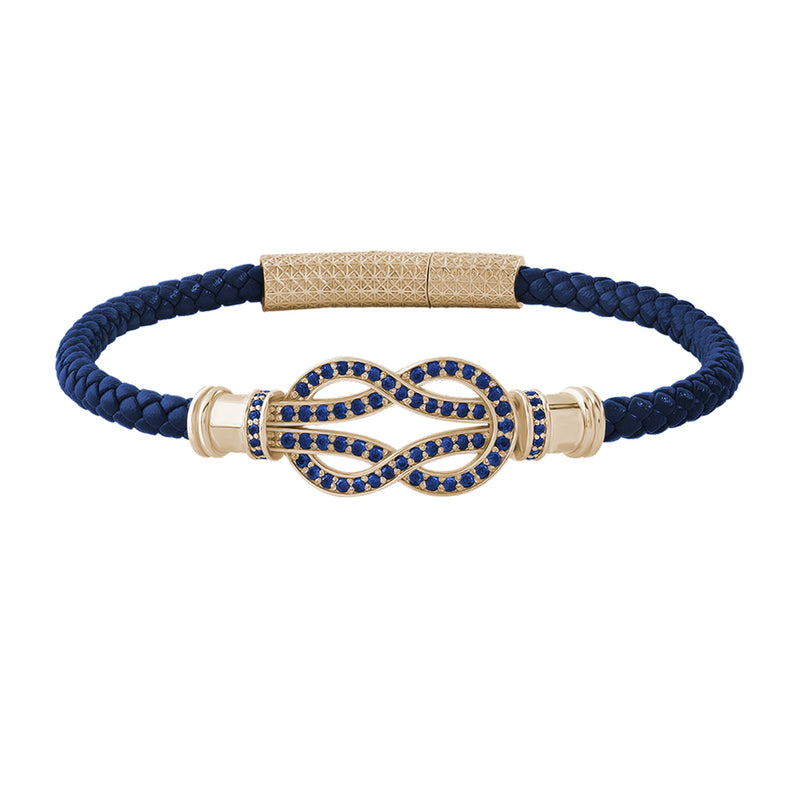 Sapphire Pave Solid Yellow Gold Infinity Charm Blue Leather Bracelet for Men