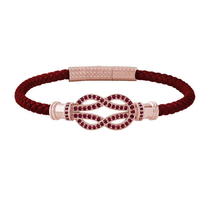 Ruby Pave Solid Rose Gold Infinity Charm Red Leather Bracelet for Men
