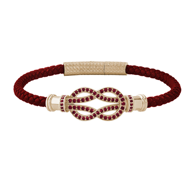 Ruby Pave Solid Yellow Gold Infinity Charm Red Leather Bracelet for Men