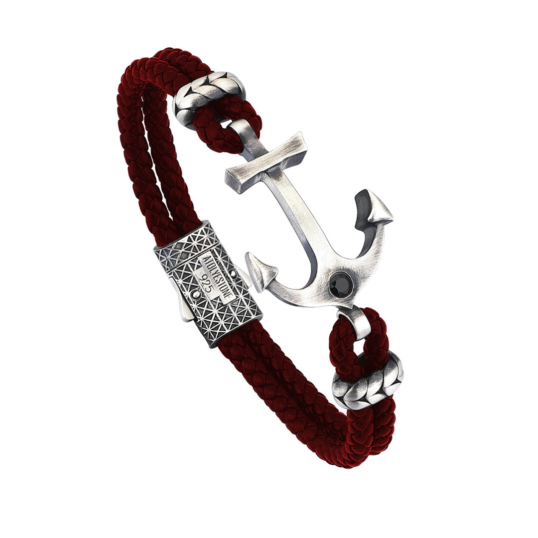 Mens Invıctus Anchor Leather Bracelet - Dark Red Leather - Silver