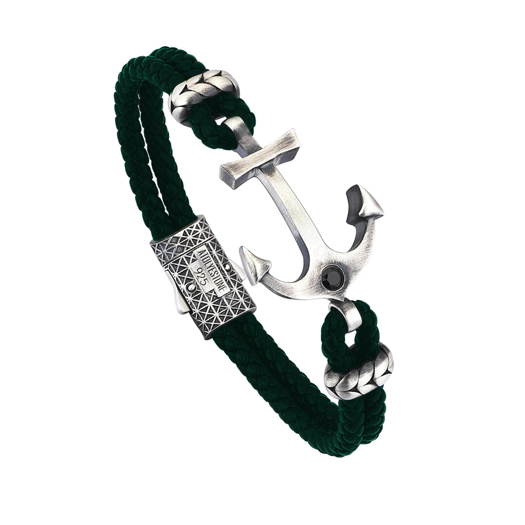 Mens Invıctus Anchor Leather Bracelet - Dark Green Leather - Silver