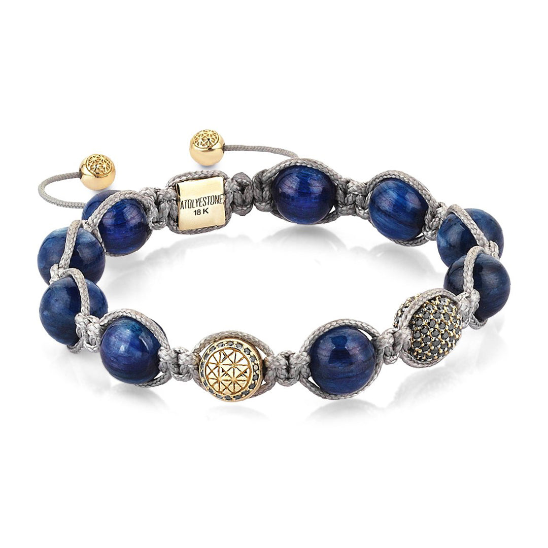 Mens Kyanite Macrame Bracelet - Yellow Gold - Black Diamond
