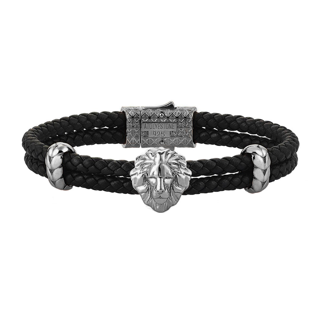 Mens Leo Leather Bracelet - Black Leather - Gunmetal