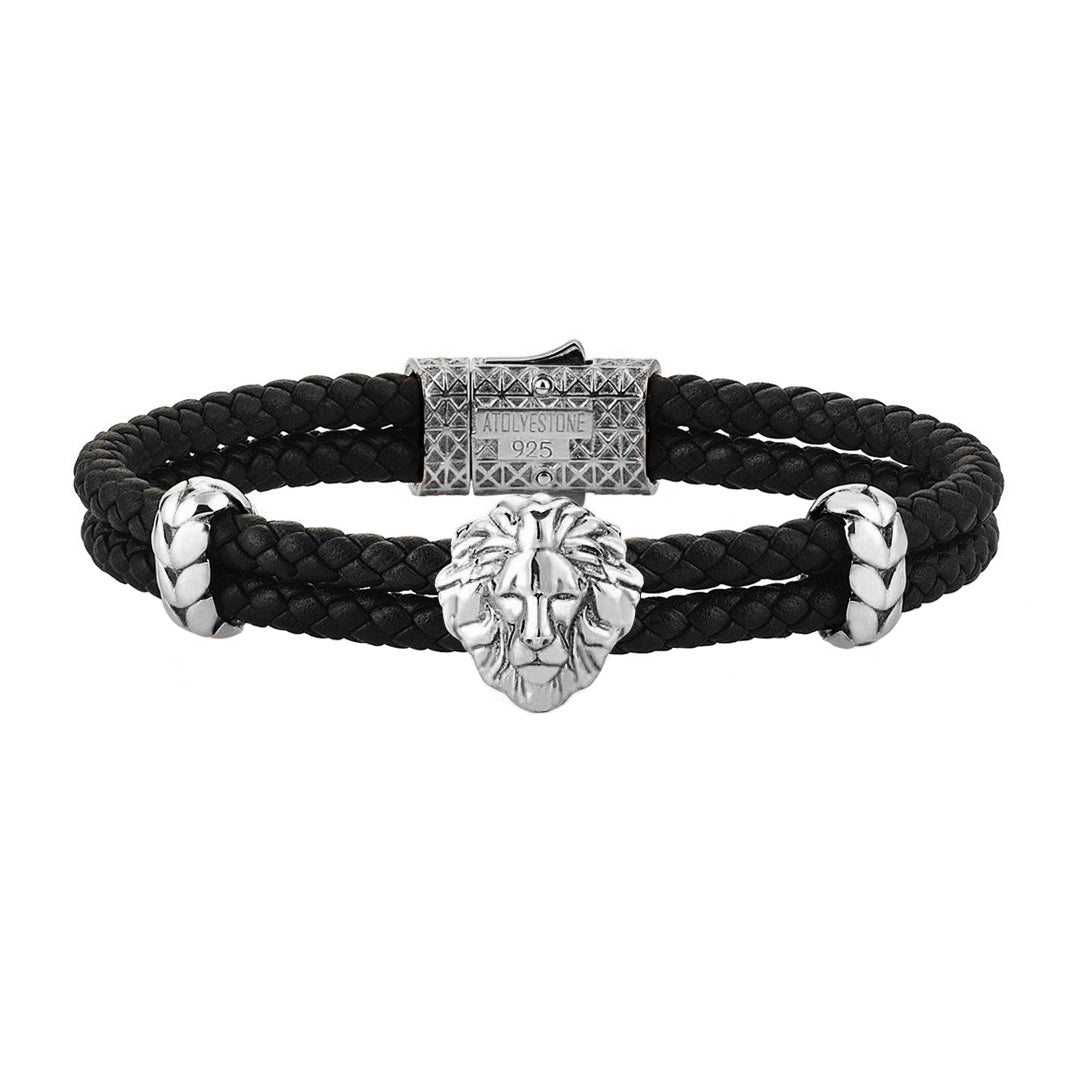 Mens Leo Leather Bracelet - Black Leather - Oxidized Solid Silver