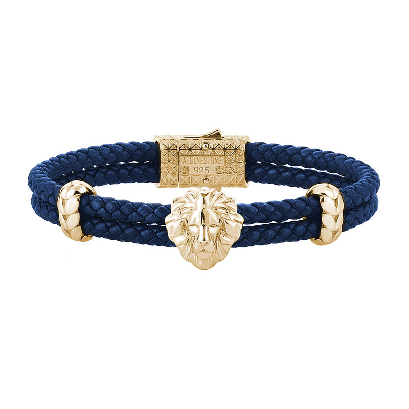 Mens Leo Leather Bracelet - Blue Leather - Yellow Gold