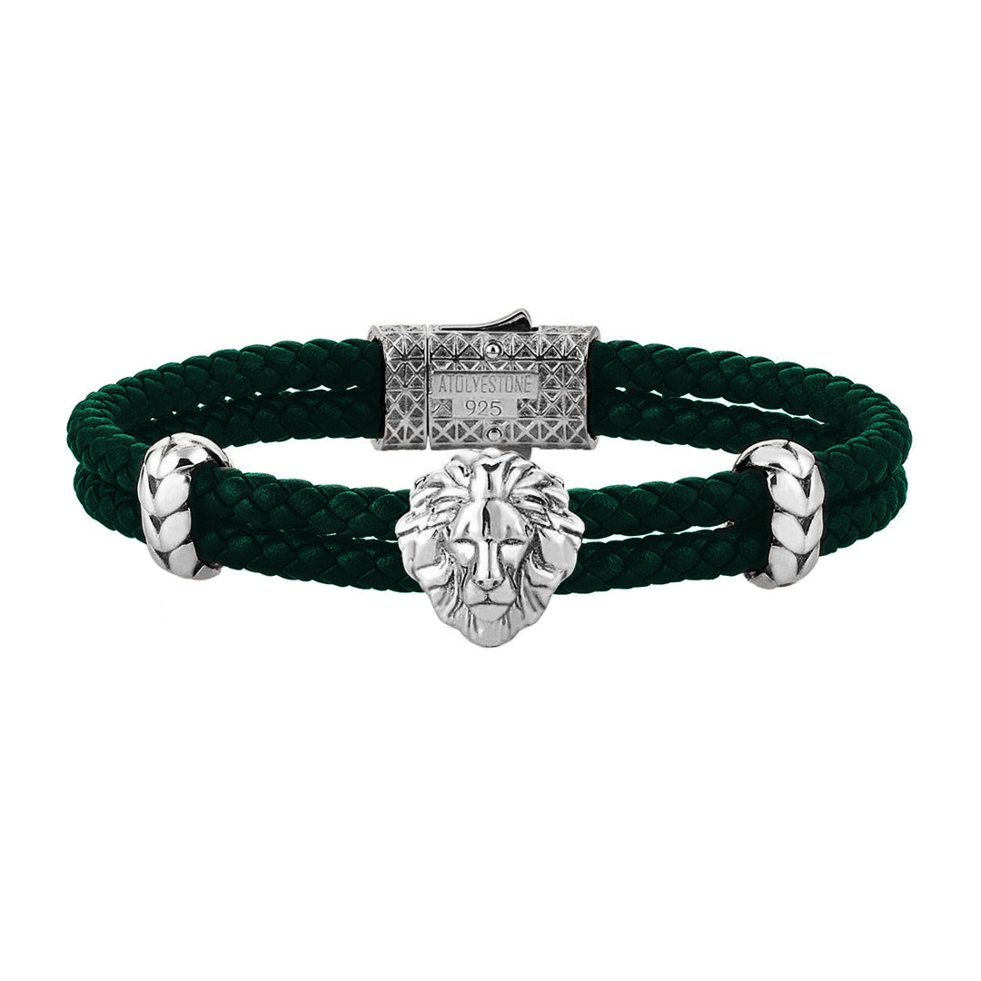 Mens Leo Leather Bracelet - Dark Green Leather - Oxidized Solid Silver