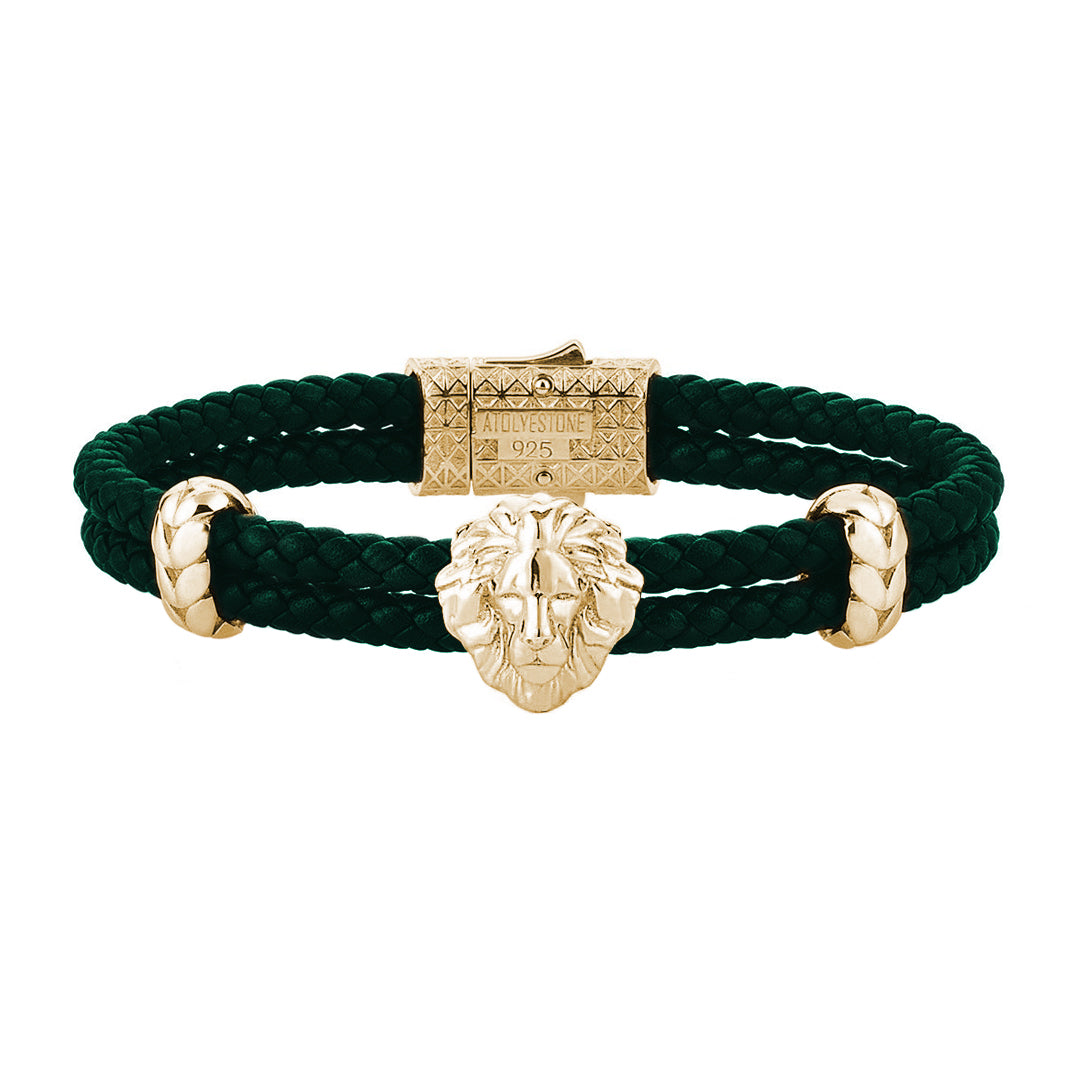 Mens Leo Leather Bracelet - Dark Green Leather - Yellow Gold