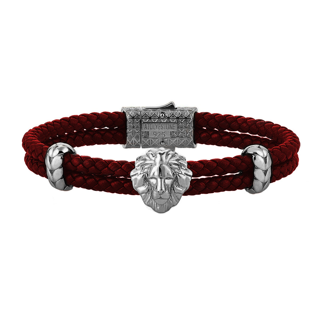 Mens Leo Leather Bracelet - Dark Red Leather - Gunmetal