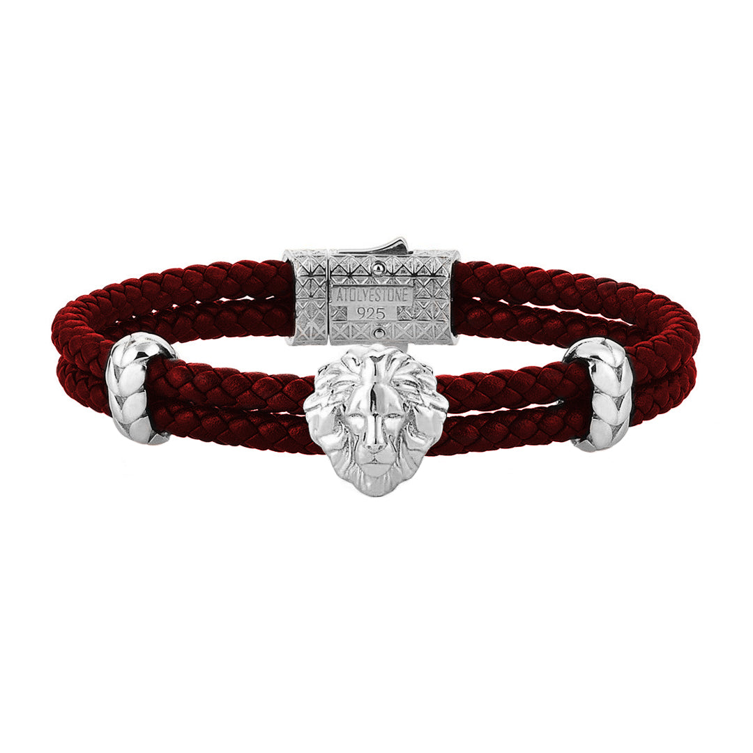 Mens Leo Leather Bracelet - Dark Red Leather - Silver