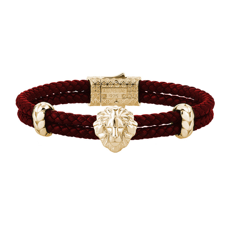 Mens Leo Leather Bracelet - Dark Red Leather - Yellow Gold