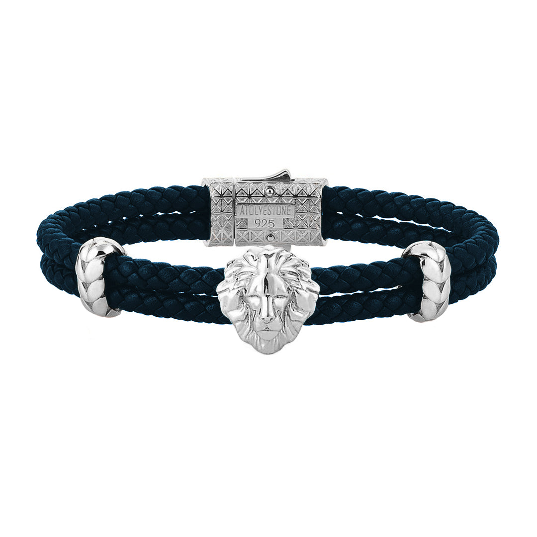 Mens Leo Leather Bracelet - Navy Leather - 925 Solid Silver