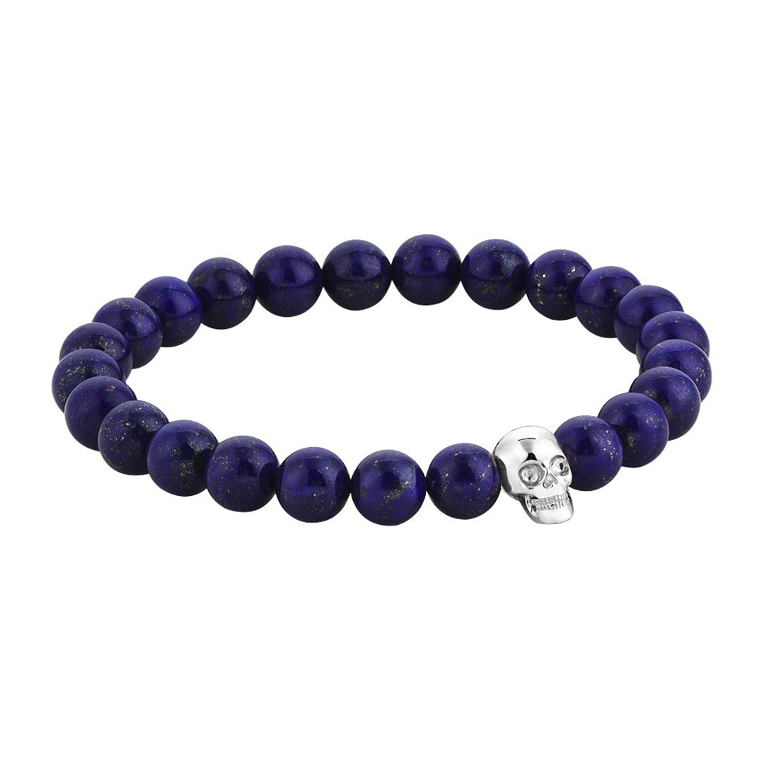 Mens Exclusive Skull Beaded Bracelet - White Gold - Lapis Lazuli