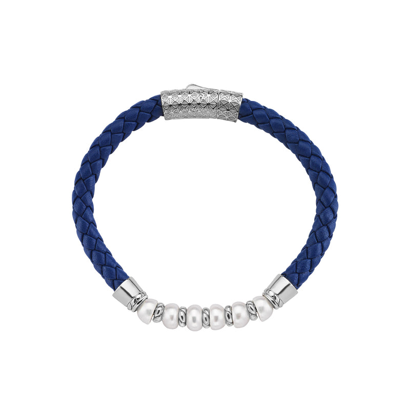 925 Sterling Silver Pearl Beaded Blue Braided Leather Bracelet for Men