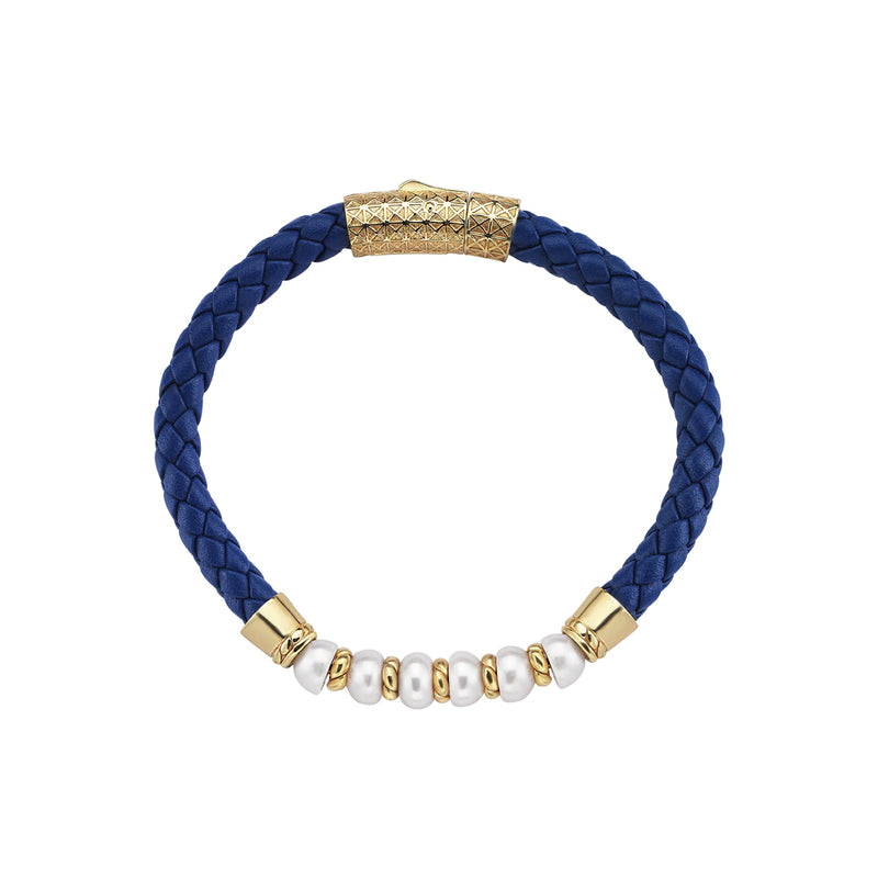 Men's Good Luster Freshwater Pearl Beaded Blue Leather Bracelet in Silver - Yellow Gold