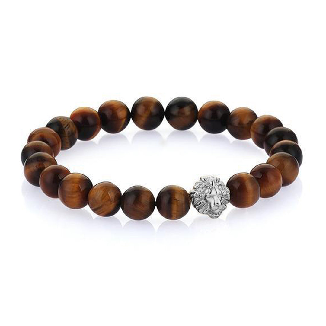 Mens Leo Beaded Bracelets - Tiger Eye - White Gold