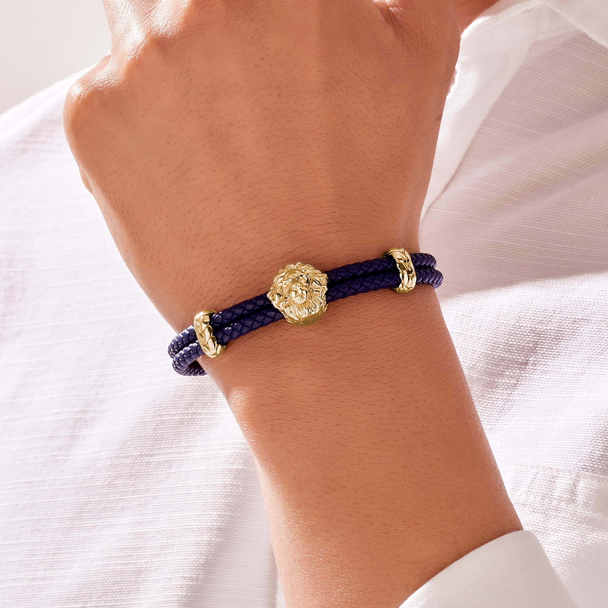 Men's Blue Braided Leather Bracelet with Silver Lion Head - Yellow Gold