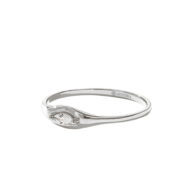 Women's Marquise Cut Diamond Slim Signet Ring in Real White Gold