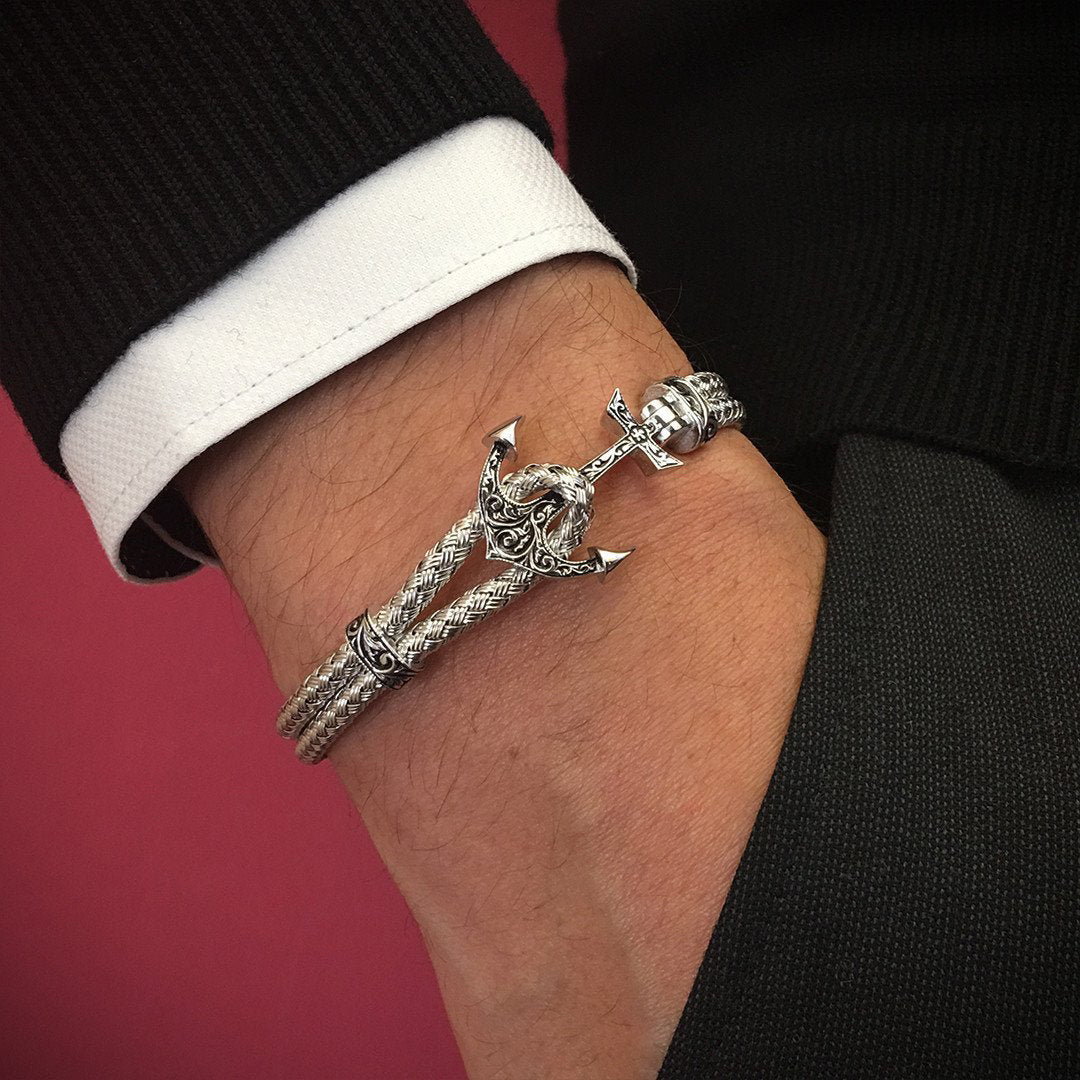 Men - Minimalist Classic Anchor Bangle - Silver