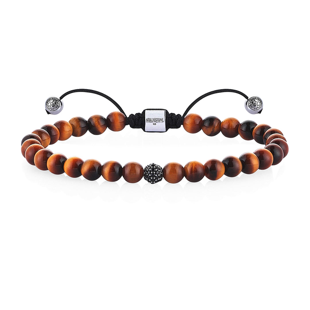 Men's Macrame Beaded Bracelet - Tiger Eye - Cubic Zirconia