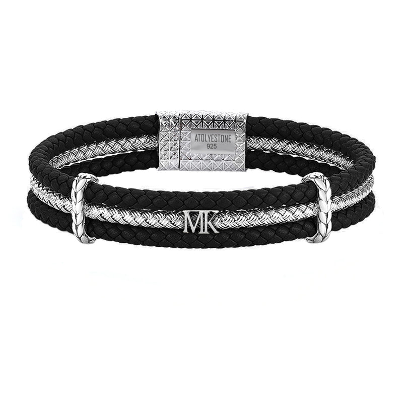 Men's Personalized Triple Row Leather Bracelet with Silver Row - Black Leather