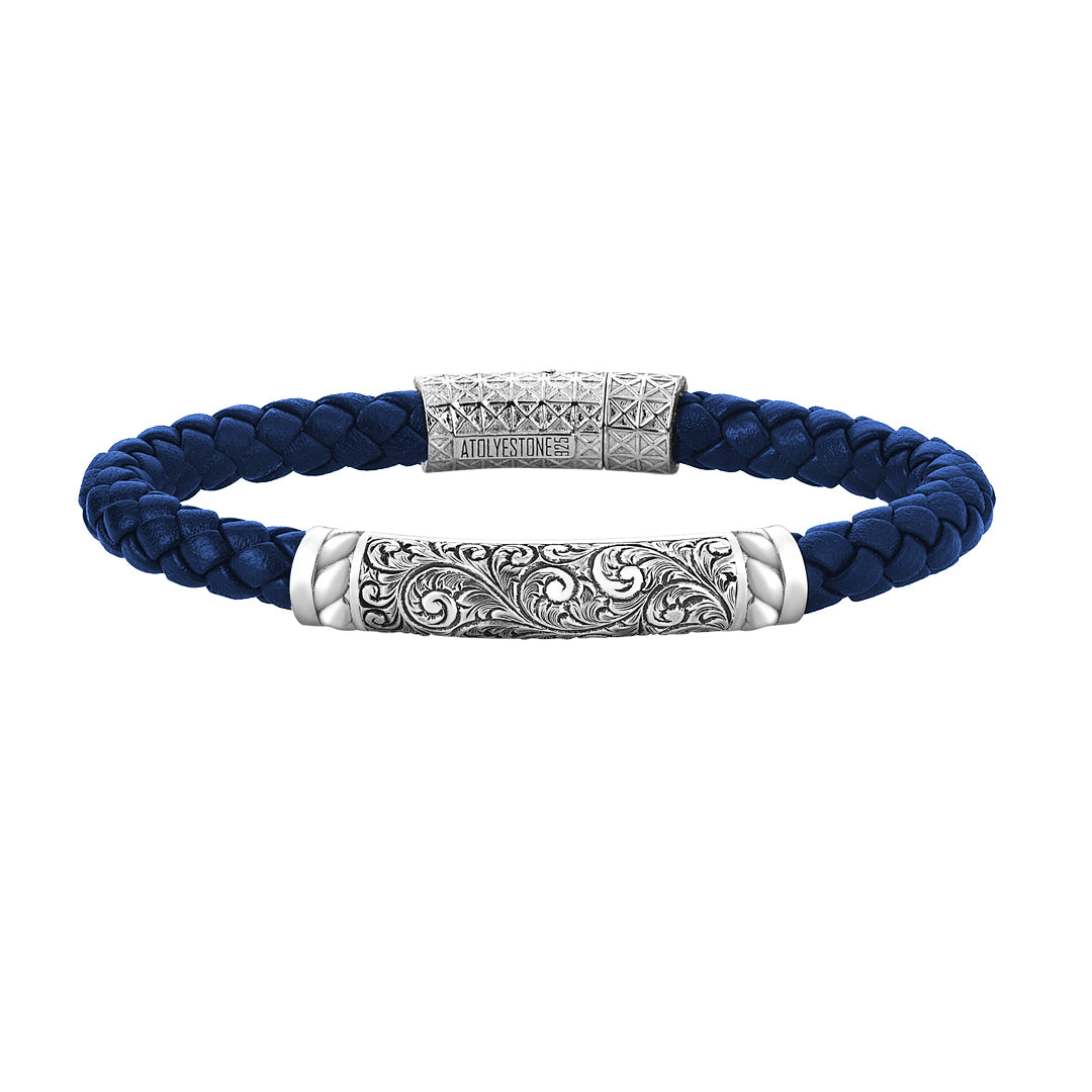 Mens Silver Braided Leather Bracelet - Black Leather