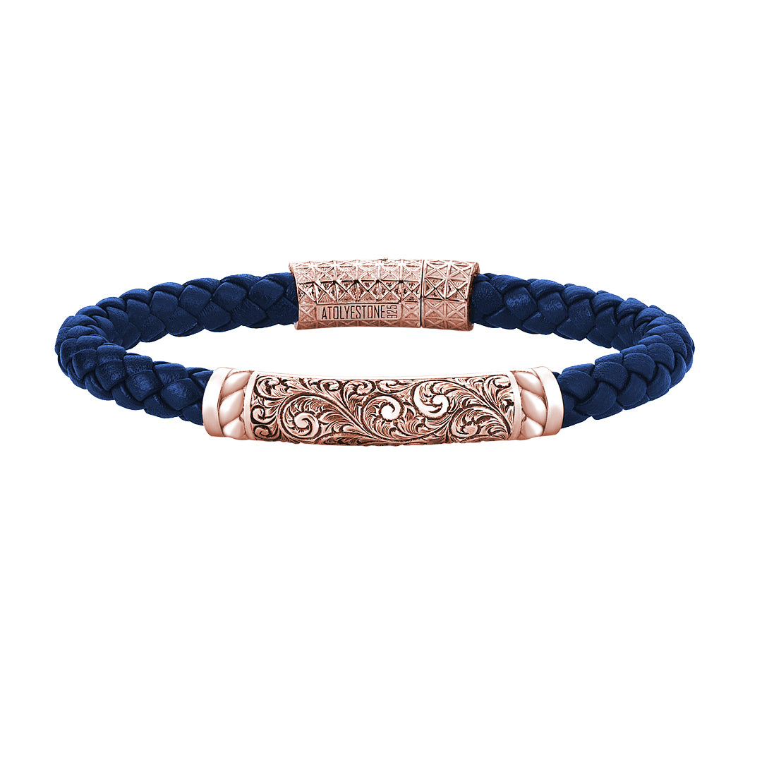 Mens Braided Leather Bracelet - Rose Gold - Blue Leather