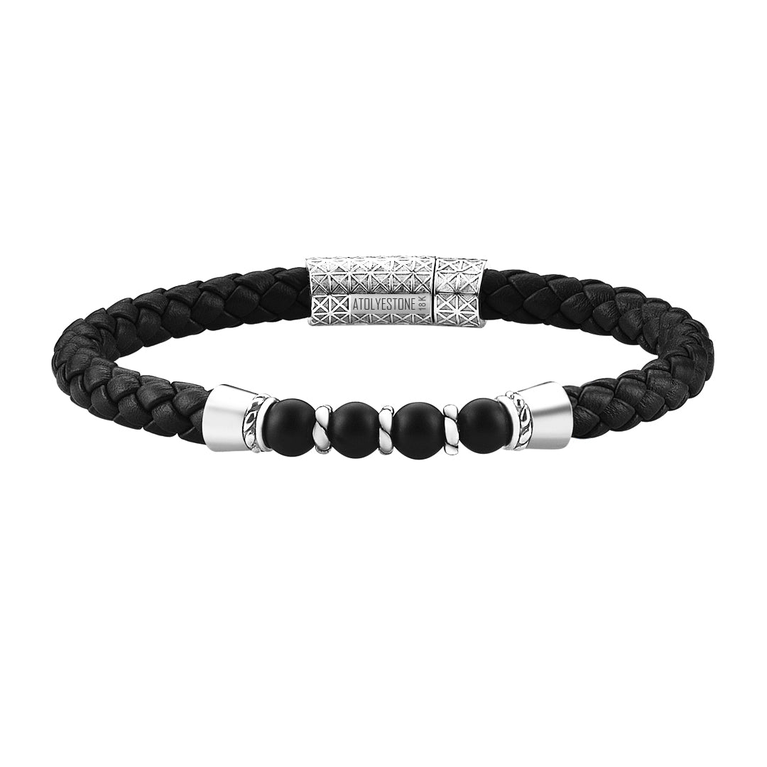 Leather Beaded Bracelet in White Gold