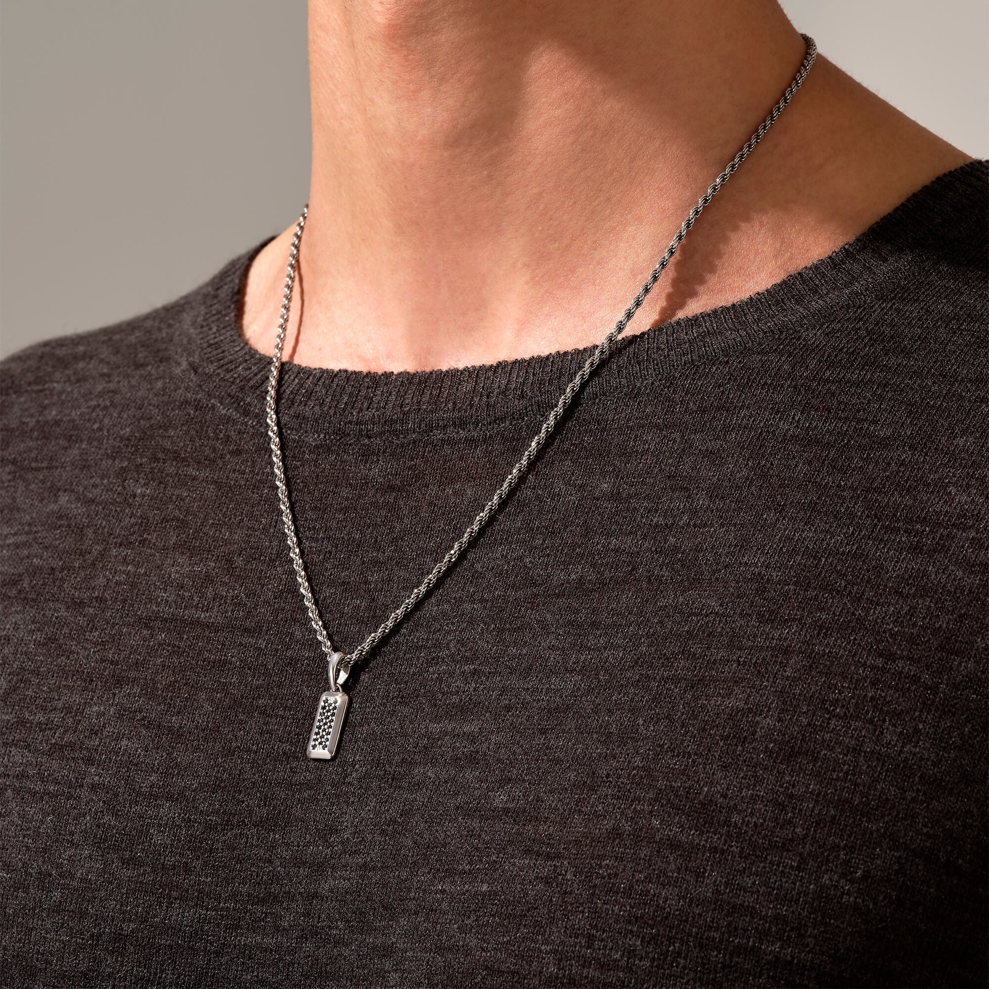 Men's Minimal Black Diamond Peved Dog Tag Pendant in Solid White Gold