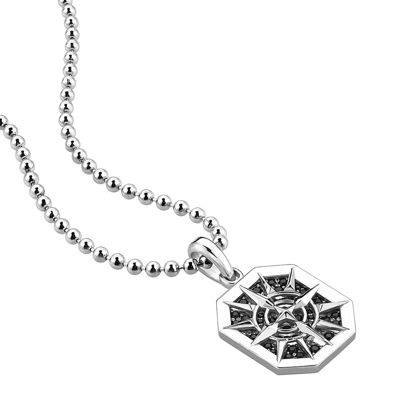 925 Solid Silver Octagon Compass Pendant Paved with Black CZ
