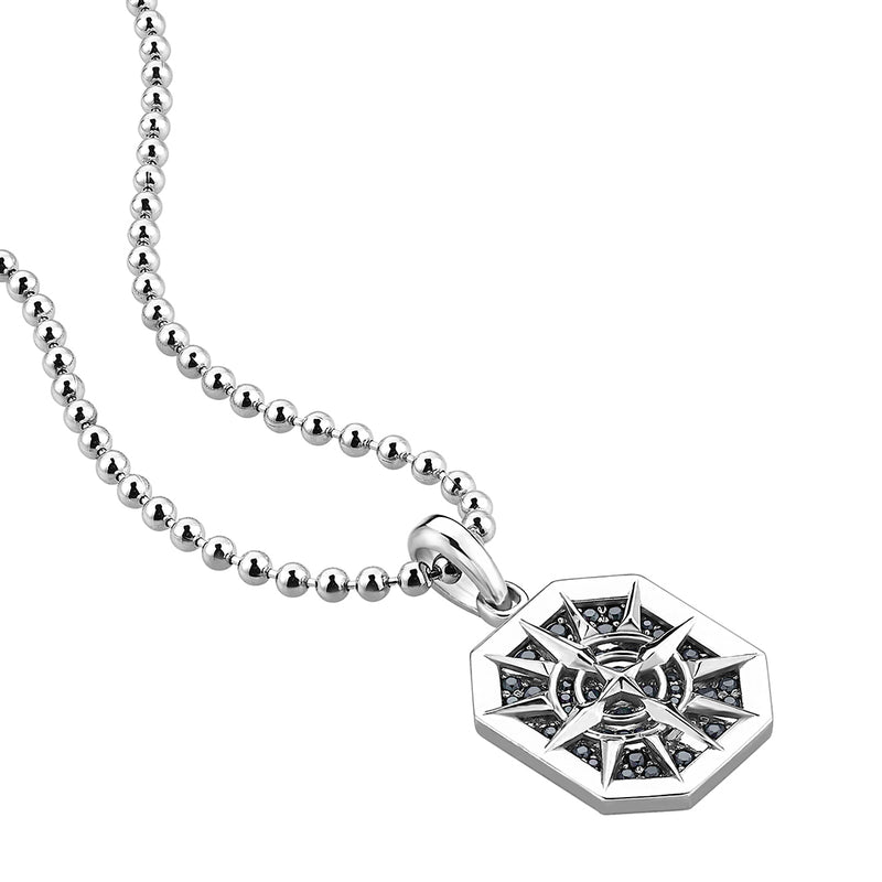 925 Solid Silver Octagon Compass Pendant Paved with Black Diamonds