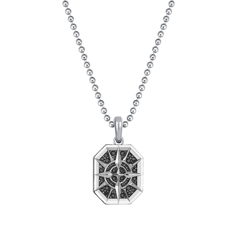Men's Solid White Gold Octagon Compass Pendant Paved with 0.52ct Black Diamonds