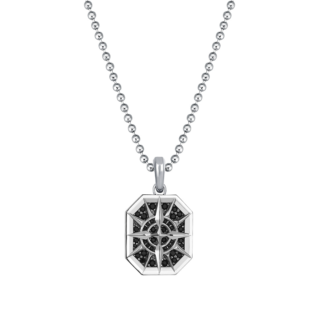 Men's Solid White Gold Octagon Compass Pendant Paved with Black CZ