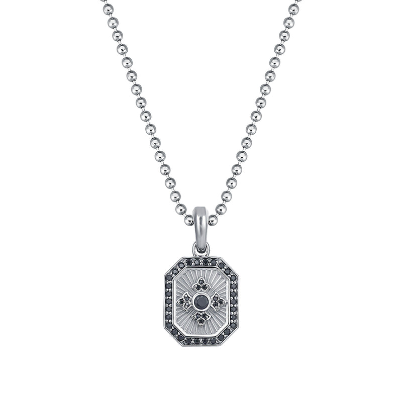 Men's Solid White Gold Octagon Compass Pendant with 0.52ct Black Diamonds