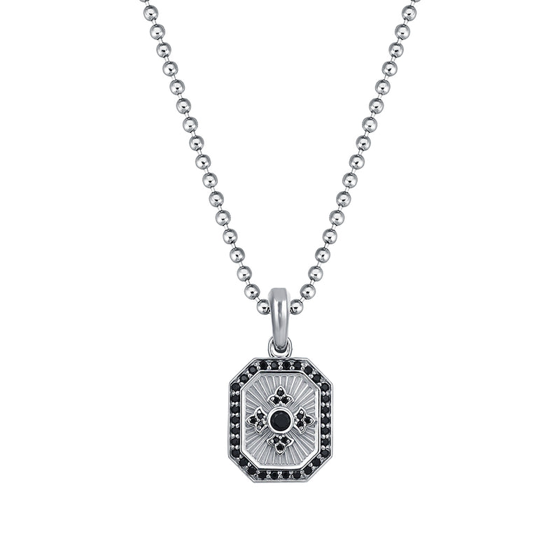 Men's Solid White Gold Octagon Compass Pendant with Black CZ