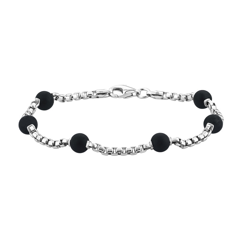 Men's 925 Sterling Silver Round Box Chain Bracelet with Natural Agate Beads