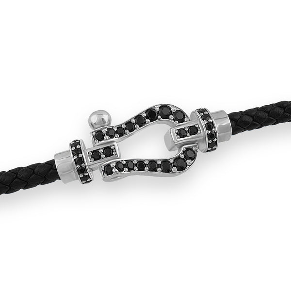Pave Buckle Leather Bracelet in Solid Silver