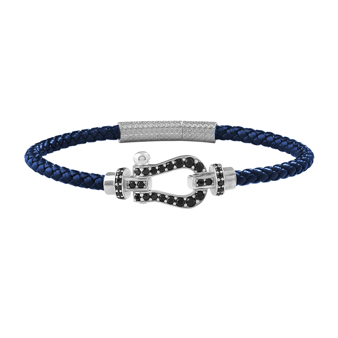925 Sterling Silver Pave Buckle & Blue Leather Bracelet