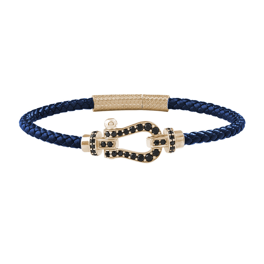 Yellow Gold Silver Pave Buckle & Blue Leather Bracelet